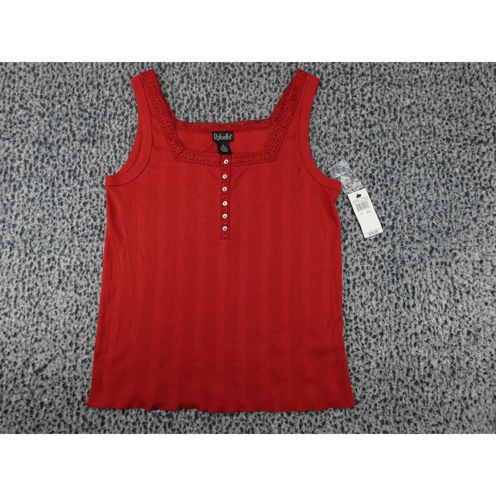 Rafaella Tank Top Womens XL Red New Lace Trim Ribbed Cotton Henley RVD6404M